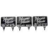 A group of three 1950s 'Players Please' golf tin plate enamel peg signs
Each of rectangular rounded