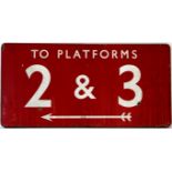 Railwayana advertising enamel sign
Of rectangular form, entitled 'To platform 2 & 3', 46x92cm.