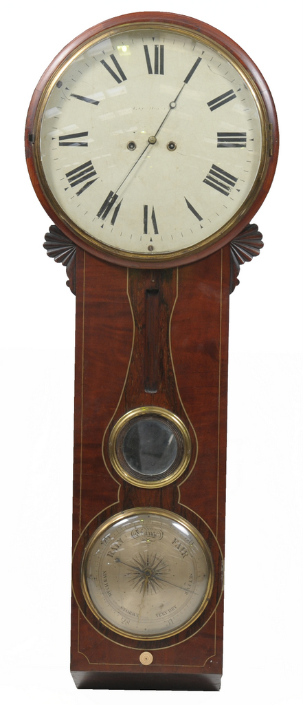 A 19th Century mahogany rosewood and brass inlaid combined drop-dial wall clock and mercurial