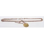 A 9ct gold flat curb link Albert chain 
With bar and coin fob, 69.3 grams gross. (illustrated)