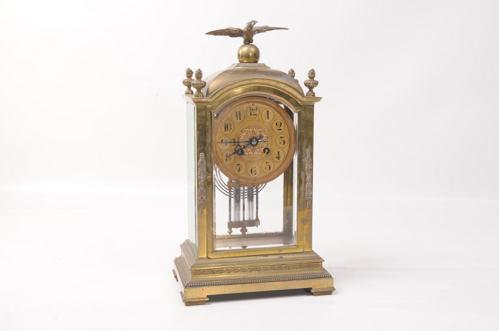 A choice French four glass mantel clock
With a 11cm gilt metal dial signed Elkington & Company,
