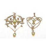 Two early 20th Century seed pearl and peridot set pendants
Both of typical openwork form set with