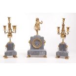 A Victorian grey veined marble figural clock garniture 
The mantel clock with a 8.9cm dial with