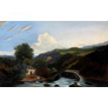 British School (19th Century) - 'Panoramic Mountainous River Landscape with Stone Bridge'
Oil on