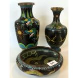 A collection of cloisonné items to include a Chinese cloisonné dish with dragon decoration to the