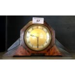 Good quality Art Deco burr walnut veneered angular eight day mantel clock.