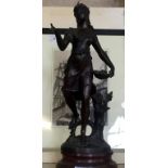 A late 19th/early 20th Century cast spelter figure of a girl holding a basket of fruit.