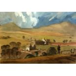 Bernard Lee (20th Century) watercolour depicting a huntsman with dog in landscape.