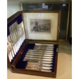 A mahogany cased silver-plated mother of pearl handled fruit knives and forks with hallmarked
