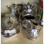 A Victorian silver-plated three piece tea service together with a silver-plated entree dish and hot