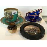 A mixed collection of ceramics to include a framed Pratt ware pot lid 'Transplanting Rice',