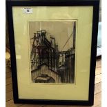 Northern school charcoal drawing depicting a mine, inset in black painted frame.