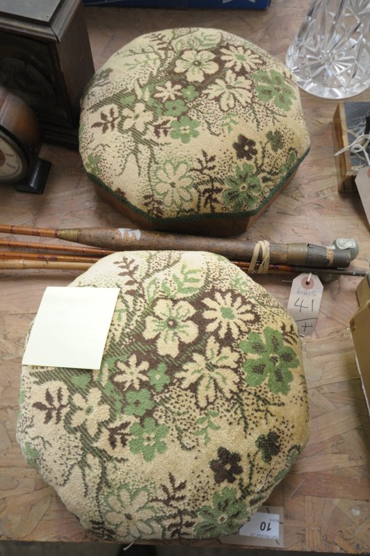 A Pair of Victorian burr walnut upholstered octagonal footstools ,