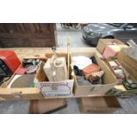 4 Boxes of sundry items including a vintage Valour fuel can, brass spray , old flat irons,