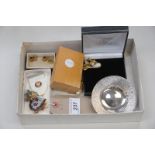 A Box of sundry items including a hall marked silver commemorative dish ( 1.