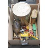 White metal helmet shaped cream jug , die cast models including a Dinky road roller,