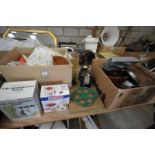 4 Boxes of kitchenalia, oven gloves, asparagus cooker ( boxed ), coffee grinders, loose cutlery ,