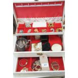 A Qty of costume jewellery to a folding jewellery box, assorted brooches, plated tankard,