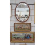 Needlework picture coaching scene a second of a hunting scene and an oval wall mirror.