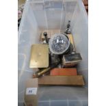 A Box of sundry items including an early 20th century brass 3 draw telescope, vintage scales,