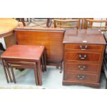 A Reproduction mahogany 4 drawer chest, modern nest of 3 tables and a folding table.