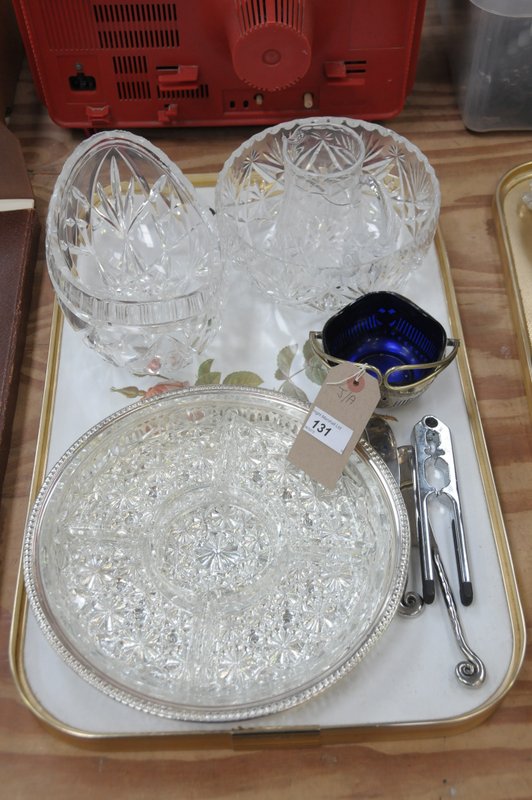Cut glass fruit bowls and jug, hors deuvres dish, plated sugar basin with a blue glass liner,
