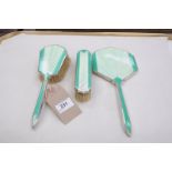 A Silver and green enamelled art deco 3 piece dressing table set.