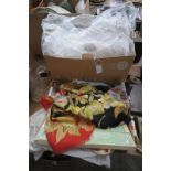 2 Boxes of linen, needlework table linen, doilies, crocheted throw, white sheets, scarves, etc.