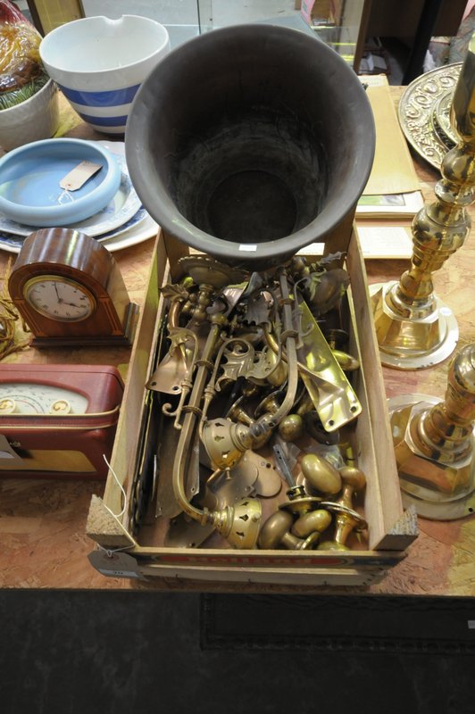 A Qty of brass and copper items including an art nouveau copper jardinnere, brass door knobs,