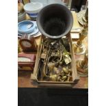 A Qty of brass and copper items including an art nouveau copper jardinnere, brass door knobs,