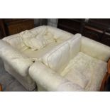 A Pair of modern cream damask leaf pattern 2 seater settees.