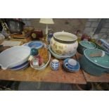 A Sitting duck, two 2 handled enamelled pots and covers, blue and white meat plates,