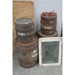 4 Vintage metal bound wooden barrels and two stained glass panels.