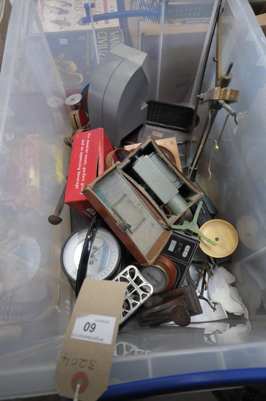 A Box of sundry items including various compasses , vintage address stamps, weights,