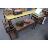 2 Victorian circular foot stools, an oak stick stand , a duet stool, 2 painted toilet mirrors,