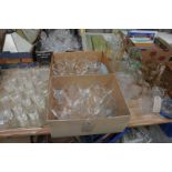 3 Trays of glassware , beakers, goblets, etched vase, tankards, decanter, etc.