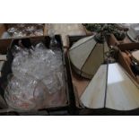 A Box of table table glassware and 3 modern stained glass pendant light shades.