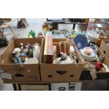 3 Boxes of sundry items, dial telephone, coloured glass dressing table set, posy ornaments,