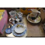 A Tray of decorative ceramics including a fruit pattern jug and bowl, Aynsley vase and trinket box,