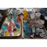 2 Trays of coloured glass items, salts, paperweights, cranberry glass jug, Victorian lustres, etc.