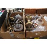 2 Boxes of brass ware , 2 Victorian copper kettles, brass trivets,