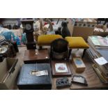 Sundry items including a miniature longcase clock, rosewood box, a writing box,