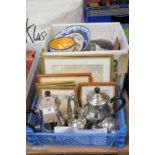 A Three plated tea set, miniature watercolours, blue and white dinner wares.