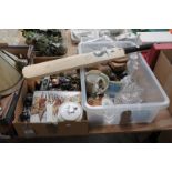 2 Boxes of sundry items, ornaments and figures, glass door fittings, cruets, glass decanter,