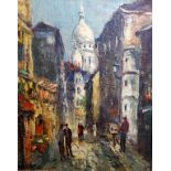 H Laudand (20th Century) - oil on board depicting figures and an artist in a French street scene.