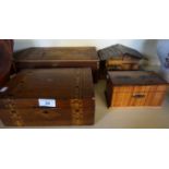 Four assorted boxes to include a burr walnut twin division money box, inlaid mahogany workbox etc.