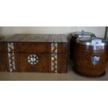 Two 1920's oak with silver-plated topped biscuit barrels and a Victorian mother of pearl inlaid