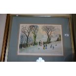 A pencil signed Helen Bradley print, depicting figures walking in a snowy park scene.