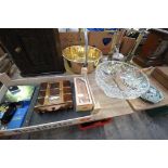 A box of sundry items, dominoes , a heavy glass footed fruit bowl, 3 modern table lamps,