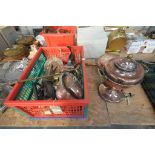 A Qty of brass and copper ware including copper warming pan, 19th century copper samovar ,